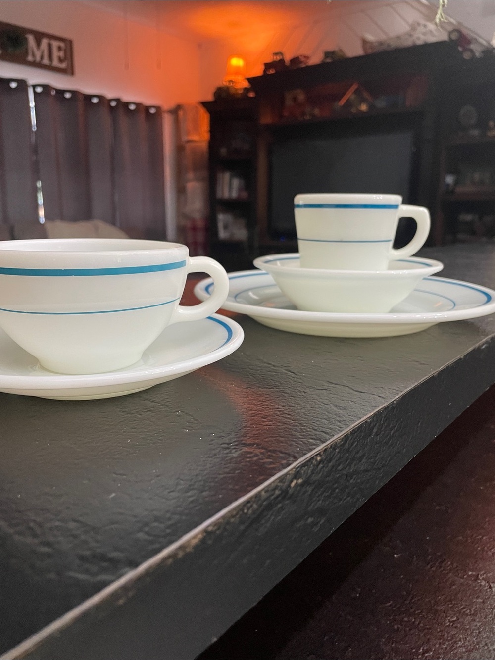 Vintage Pyrex Diner White Glass Teacup/Saucer Set with Plate & Bowl Blue Stripe